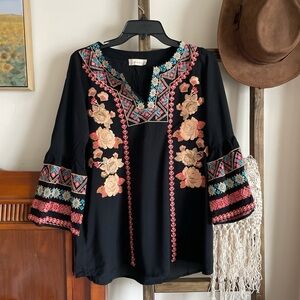 Altar'd State Black Floral Embroidered Blouse